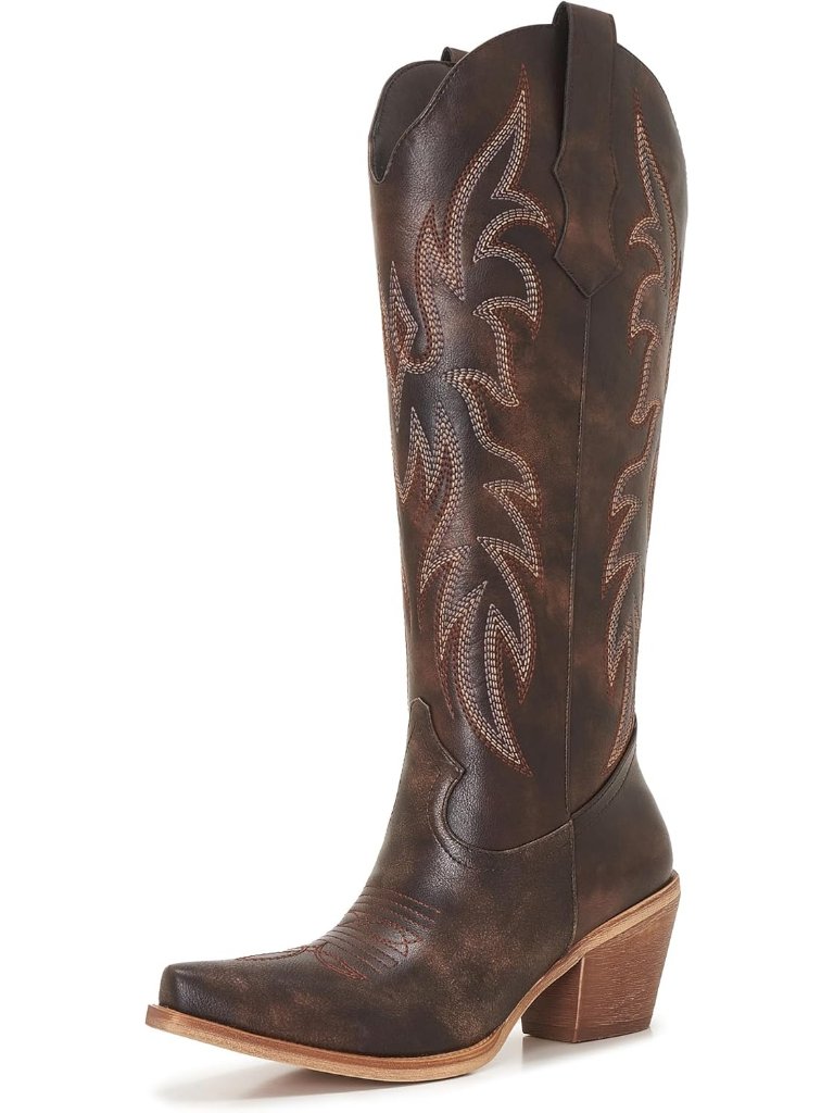 Women's Dark Brown Pointed Toe Chunky Heel Western Knee High Side Zipper Boots